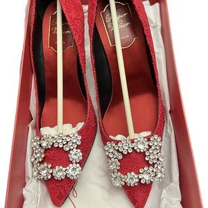 Roger Vivier Bridal Red Lace Flower Strass Crystal 65mm Pump Sz 36.5 New in box